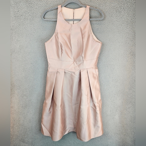 Alfred Sung Cocktail Dress Womens Sz 12 Nude Tan Beige Satin High Neck Pockets - Picture 2 of 11
